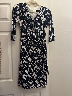 Tahari Black & White Geometric Draped Jersey Dress